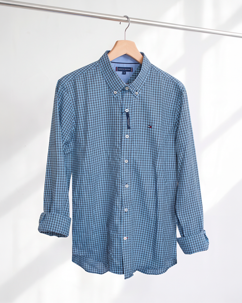 Camisa Xadrez Tommy Hilfiger Manga Longa Vichy Azul e Cinza