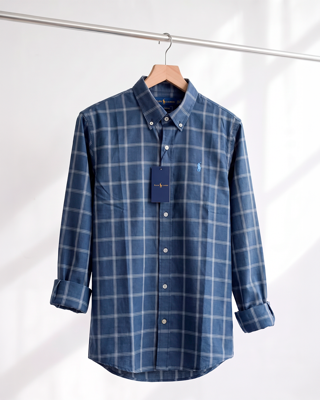Camisa Xadrez Polo Ralph Lauren Manga Longa Azul Acinzentado