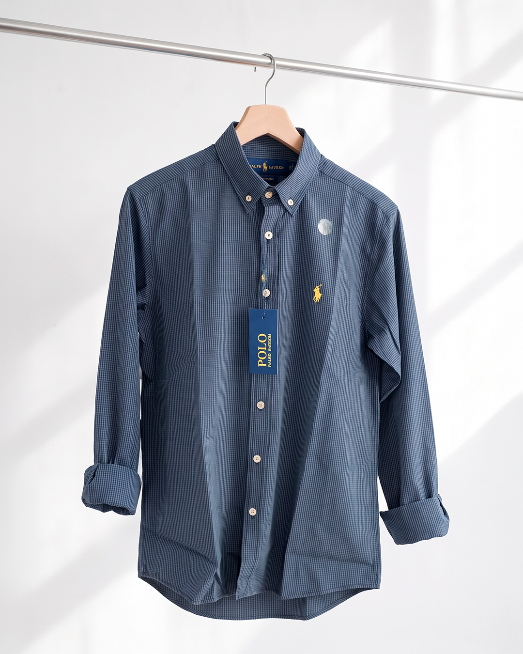 Camisa Xadrez Polo Ralph Lauren Manga Longa Vichy Cinza e Marinho