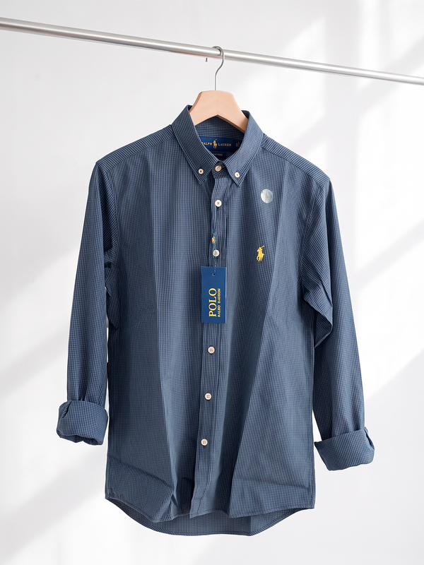 Camisa Xadrez Polo Ralph Lauren Manga Longa Vichy Cinza e Marinho