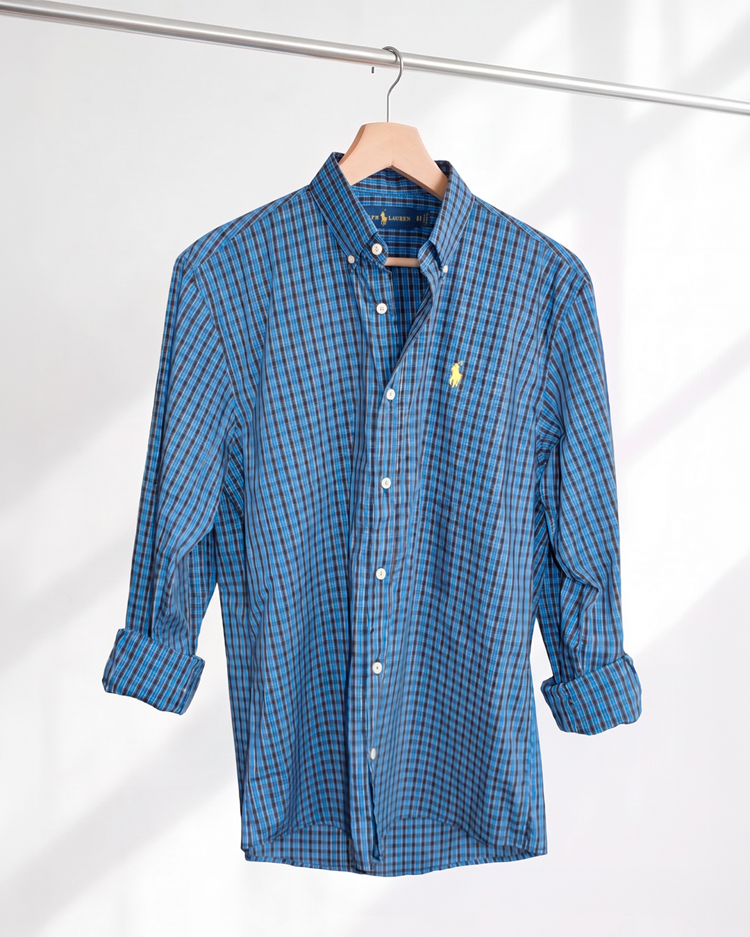 Camisa Xadrez Polo Ralph Lauren Manga Longa Azul Royal e Preto
