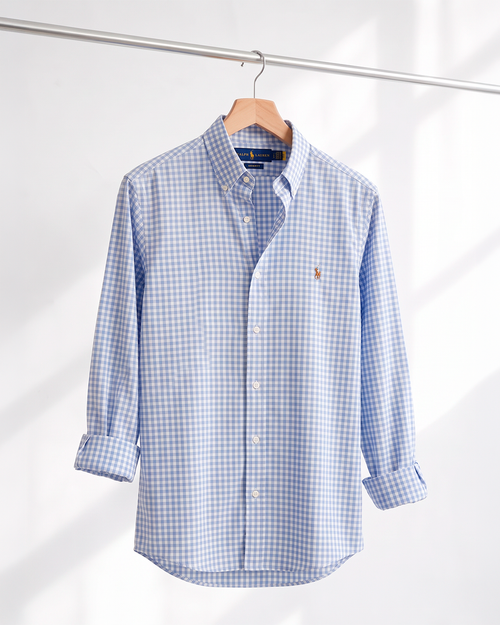 Camisa Xadrez Ralph Lauren Manga Longa Vichy Azul Claro