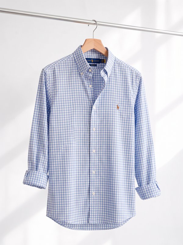 Camisa Xadrez Ralph Lauren Manga Longa Vichy Azul Claro