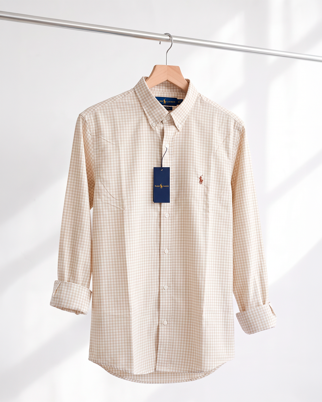 Camisa Xadrez Polo Ralph Lauren Manga Longa Vichy Bege