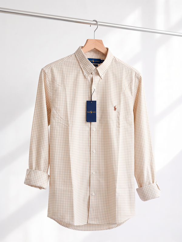 Camisa Xadrez Polo Ralph Lauren Manga Longa Vichy Bege