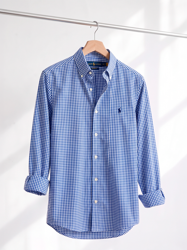 Camisa Xadrez Ralph Lauren Manga Longa Vichy Azul Royal
