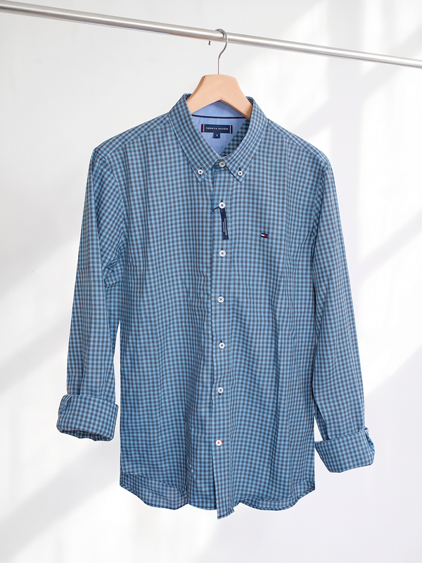 Camisa Xadrez Tommy Hilfiger Manga Longa Vichy Azul e Cinza